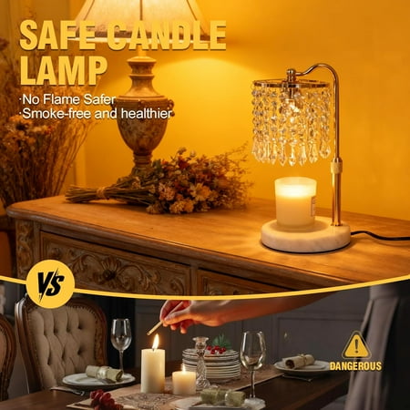 Candle Warmer Lamp with Timer, 3 Bulbs, Marble Base and Adjustable Height Crystal Candle Warmer Lamp for All Jar Candles, House Warming Decor Gifts, French Gold (Crystal)