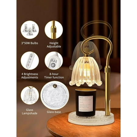 Candle Warmer Lamp with Timer & Dimmer, Glass Lamp Candle Warmer for Jar Candles, UPGRATED with 3 Bulbs, Height Adjustable Electric Wax Warmer for Elegant Home Decor