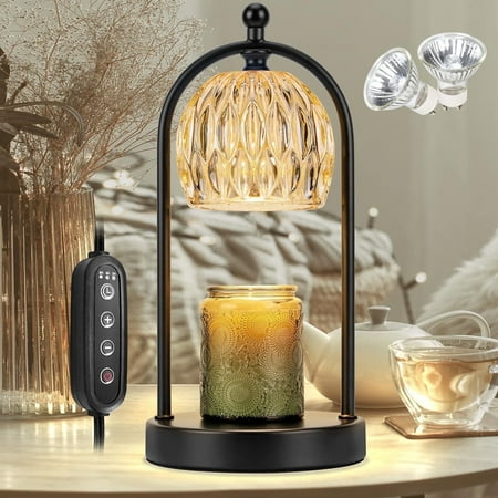 Candle Warmer Lamp with Timer, Electric Glass Candle Warmer Light for Bedroom, Dimmable Wax Melts Warmer for Candle Jars, Beside Lamp Gifts for Women Home Decor (2 Bulbs Included)