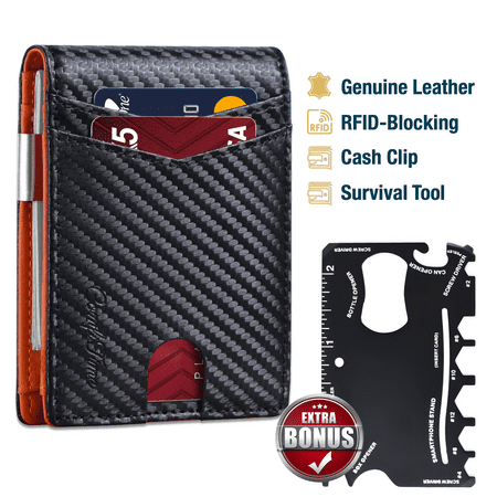 ComfiTime Wallet for Men Slim, RFID Blocking Men's Wallet W/ Money Clip, Genuine Leather Front Pocket Wallet for Men & Women, Small Travel Wallet W/ ID Window, 11 Credit Card Slots & Gift Box, Black