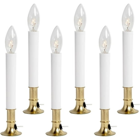 Electric Window Candle Lamp with Brass Plated Base, Dusk to Dawn Sensor Turns Candle on in Dark and Off in Light, Ready to Use! | 6 Pack