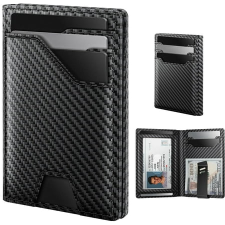 Leather Wallet for Men Card Holder: , RFID Blocking, Slim, Minimalist, Front Pocket - 15 Cards Capacity | ID Window | Clip (Carbon Fiber)