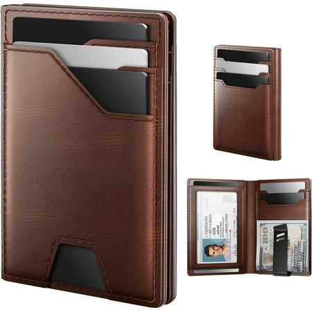 Leather Wallet for Men Card Holder: , RFID Blocking, Slim, Minimalist, Front Pocket - 15 Cards Capacity | ID Window | Clip (Brown)