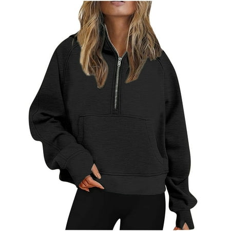 Npasoilc Pullover for Women Crew Neck Long Sleeve Half Zip Cropped Hoodies Casual Loose Top Lightweight Sweatshirts Hoodie