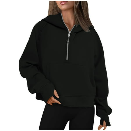 POROPL Womens Hoodies Half Zip Sweatshirts Fleece Cropped Pullover Sweatshirts Black