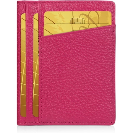 Slim Minimalist Wallet - Leather RFID Blocking Front Pocket Wallets with 8 Card Slots and 2 ID Window, Rose Red