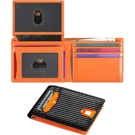 Wallet for Men, Mens Minimalist Wallet Credit Card Holder, Slim Leather Rfid 2 ID Window Large Capacity With Box (Carbon Black and Orange)