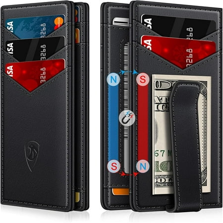 Wallet for Men Slim Leather Wallets for 12-15 Cards, Minimalist Thin RFID Blocking Card Holder with Clip & ID Window, Small Bifold Front Pocket Wallet, Gifts for Men