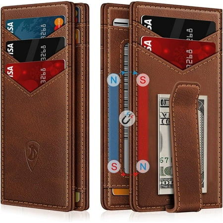 Wallet for Men Slim Leather Wallets for 12-15 Cards, Minimalist Thin RFID Blocking Card Holder with Clip & ID Window, Small Bifold Front Pocket Wallet, Gifts for Men