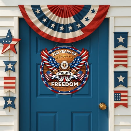 YIBAGA USA 250th Anniversary Door Wreath Hanging Door Sign, 250 Years of Freedom American Flag Eagle 1776 2026 Patriotic Home Decor